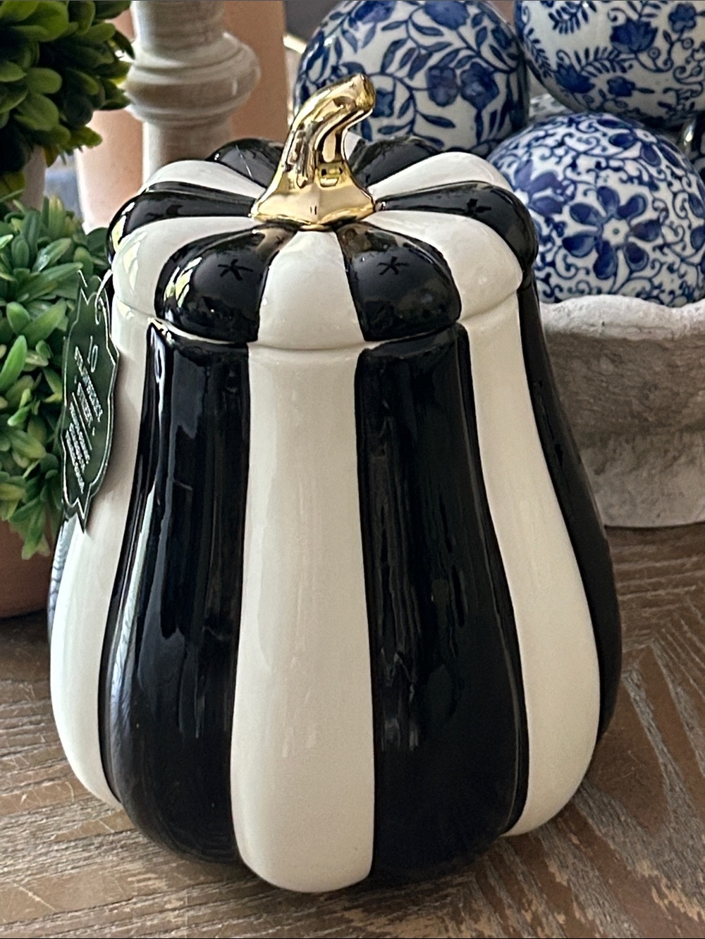 NEW! Mackenzie Childs Inspired Black & White Striped Ceramic Pumpkin Canister